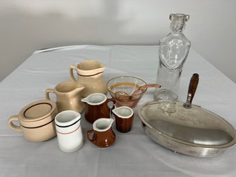 Stoneware Vintage Pitchers And Mug,  Silver Crumb Catcher, George Washington Vinegar Bottle, Glass Dish With