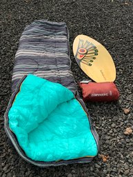 R00 Sleeping Bag, Therma-rest Honcho Poncho, Lucky Bums Skimboard