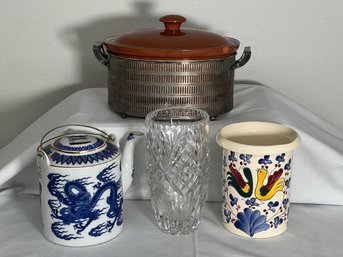 Yamaru Blue Dragon Teapot, Heavy Crystal Vase, Eduardo Vega Cuenca Ecuador Crock, Carmelite German Baking Dish