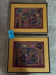 Two Framed Embroidery Panama Mola 20.25in X 17.25in. Fabric Mat.