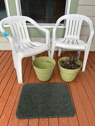 R00 Two Plastic Chairs, Two Plastic Flower Pots And Door Mat