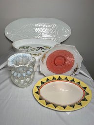 Fenton Thimbprint Dot Opalescent Ruffled Pitcher, Spode Dish, Dansk Fish Platter Homer Laughlin Platter,