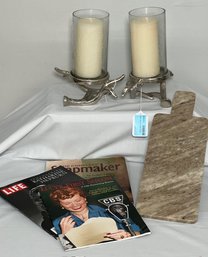 Marble Serving Tray, Glass And Metal Antler Design Hurricane Candle Holders, Soapmaker Book, Life Magazine