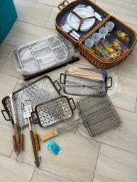 Picnic Basket With Dishware, Fish Grilling Basket, Square Grilling Basket, Three Grill Pans, Metal Skewers