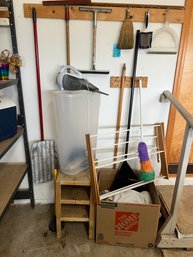 R0 Window Squeegees, Mop, Broom, Black And Decker Small Vacuum, Clothes Drying Rack, Whisk, Box Of Scrap Towel