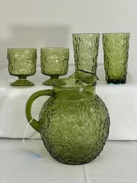 Vintage Green Lido Milano Crinkle Glass Pitcher With Glasses