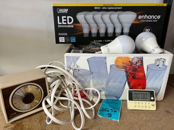 R0 Assortment Of Lightbulbs, Sears Kenmore Timer, Sunbeam Timer And Extension Cords