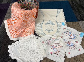 Round Tablecloth, Decorative Handled Basket, Unused Embroidery Squares, Embroidered Runner, Doilies