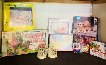 R2 Vintage Childrens Games Puzzles Candyland, Slinky, Masterball, Tailspin Darts, Picture Hunt Game, Washable