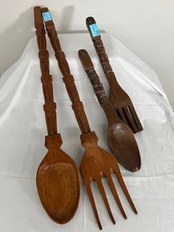 Large Decorative Wooden Spoon And Fork And Spoon Sets.  Possibly From Philippines.  Possibly Monkey Pod