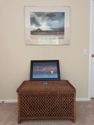 Wicker Chest 29in X 32in X 20in, Seattle Print 22in X 16in, Wall Art 34.5x 28.5