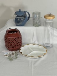 Milk Glass Dish, Ceramic Candle Lantern, Glass Storage Jar, Hand Blown Iridescent Candle Holder