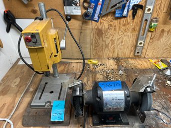 R0 Bench Grinder And 3/8drill Press. Bring Tools To Remove From Work Bench.  Powered On At Time Of Lotting.