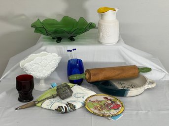 Vintage Rolling Pin, Ruby Glass, White Glass Fan Vase, Blue Glass Cup And Swizzle Sticks, Kanawha Milk