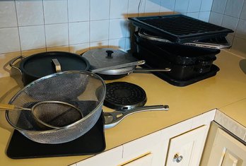 R4 Lot Of Broil Pans, Strainers, Pots, Flame Tamer,