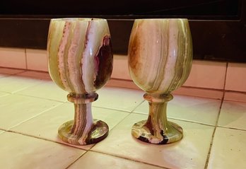 R4 Set Of 2 Vintage Marble Onyx Wine Glasses 4.75 Stemware Stone Cup Chalice Goblet Tea