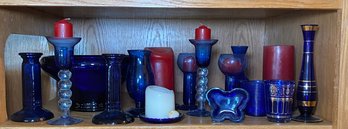 R5 Blue Glass Lot To Include A Bowl, Candlesticks And Some Candles, And Small Glasses