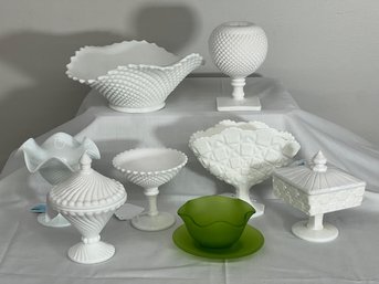 Collection Of Westmoreland Glass And Green Satin Glass Bowl And Saucer