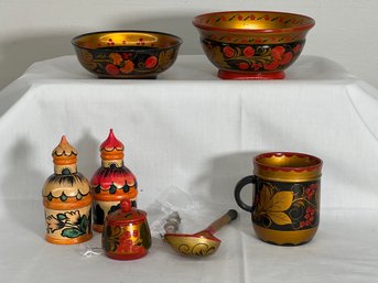 Khokhloma Bowls, Mug, Spoon, Trinket Box And Sindoor Boxes