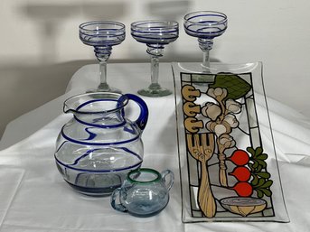 Blue Swirl Pitcher And Glasses, Glass Platter, And Glass Sugar Bowl