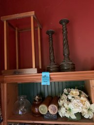 Wooden Candlesticks, Wooden Side Table, Oil Lamp, Decorative Carved Wooden Box, Faux Flowers, Candles