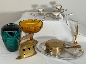 Brass Charcoal Iron, Brass Bed Warmer, Pottery Barn Metal Tray, Glass Vase, Amber Glass Stemmed Bowl,