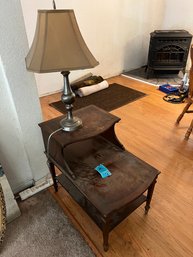 Tiered Wood End Table And Brass Look Lamp