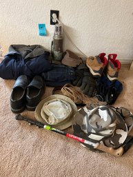 Mens Landsend Coat, Duluth Jeans, Walking Stock, SOL Summer Shade Hat, Columbia Hiking Boots, Water Shoes