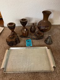 Burl Wood Small Box, Candle Holders, Pottery Vase , Pottery Jar, Vintage Aluminum  Tray With Engraved Design