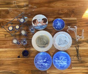 R5 Collectors Plates And Decorative Blue Glass To Include Candlesticks And Others
