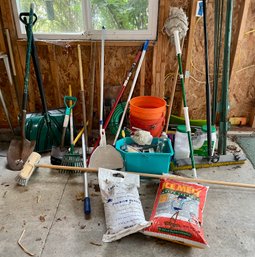 R00 Used Cleaning Supplies To Include Mop, Broom, Rake, Shovels, Bucket, Ice Melt And Garage Items