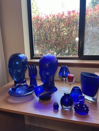 RM9 Collection Of Blue Glass Including Heads, Hand, Candle Holders And Other Items