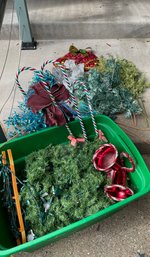 R00 Christmas Foliage Decor And Two Additional Red And Green Plastic Tubs