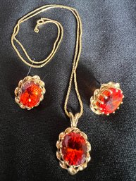 R6 Earring And Pendant On Necklace Marked 14k.  Orange Stone.   See Photo Of Ring On Sizers For Size.