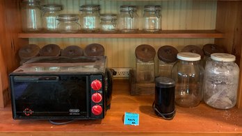 Toaster Oven, Spice Grinder, Wooden Jar Holders, Assorted Glass Storage Jars With Lids