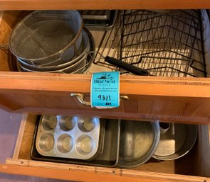 Assorted Sifters, Colander, Pyrex Pie Plates, 10 In Glass Pie Plates, Metal Cake Tins, 9x11 Metal Baking Pan,