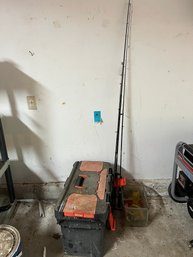 Fishing Poles, Mastermate Large Toolbox, And Fishing Gear