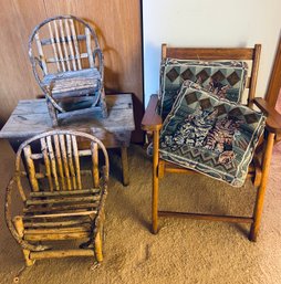 Rm9 Collection Of Extra Small Wood Chairs, Bench, And Two Cat Pillows