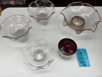 Four Footed Pedestal Dishes, One Crystal Dish With Red Glass Lid