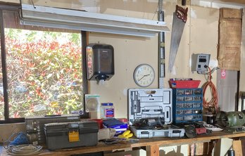 R14 Garage Style Lot To Include Rotor Up Revolution Spiral Saw, AllTrade Heavy Duty Bench Grinder, Milwaukee