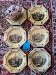 R2  Vintage Six Mottahedeh Italian Yellow And Black Toile Creil Ware Octagon Plates And A Sugar Keeper