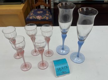 Mikasa Stemware, Two Blue Champagne Flutes, Five Peach Liquor Glasses