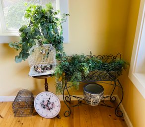 Rm1 Two Birdcages With Faux Birds, A Planter Used For Faux Plants, Clock, Stand Display