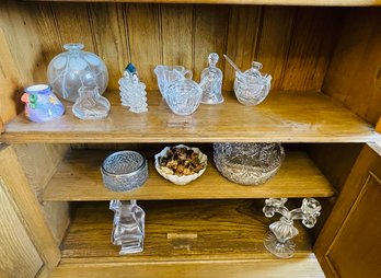 Rm1 Three Shelves Of Various Glassware  Including Candlestick Holder, Bowls, Salt And Pepper Shakers,vase