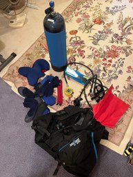 RM12 Scuba Gear Lot Tank, Backpack, Headgear, Diving Knife, Shoes, Weights, Breathing Gear