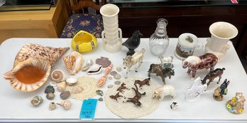 Collection Of Shells, Animal Figurines, Vases, Doilies