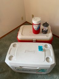 R2 Coleman Cooler, Igloo Cool Roller 70 Cooler, Coleman Beverage Thermos, Mini Battery Lantern
