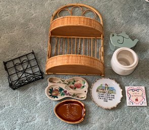 R2 Rattan Hanging Shelf, Two Spoon Rests, Napkin Holder, Decorative Plate