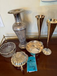 R3 Silver Plated Vase Made In India, Two Sheffield Silverplate Glasses, Small Bowl Paul Revere Reproduction