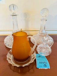 R3 Westmoreland Pitcher, Three Crystal Decanters And Small Crystal Plate
